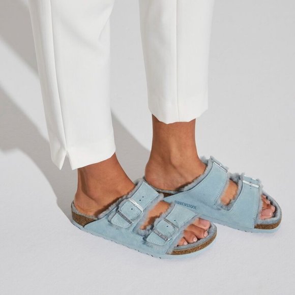 Birkenstock Shoes - Birkenstock Arizona Shearling Suede Leather in Light Blue Size 36 Narrow